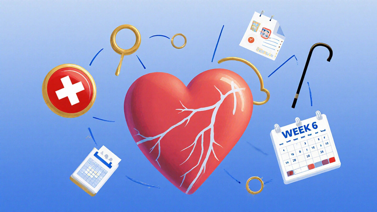 Heart surrounded by safety symbols like alert button, phone, and pill organizer.