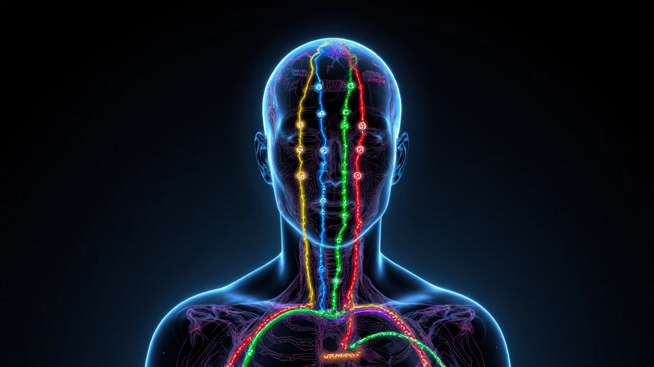 Human silhouette glowing with internal health metrics represented as colored pathways