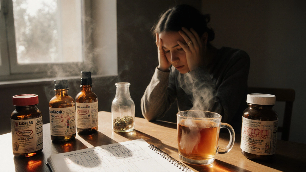 Person at table with empty supplement bottles and anxiety journal, chamomile tea nearby.