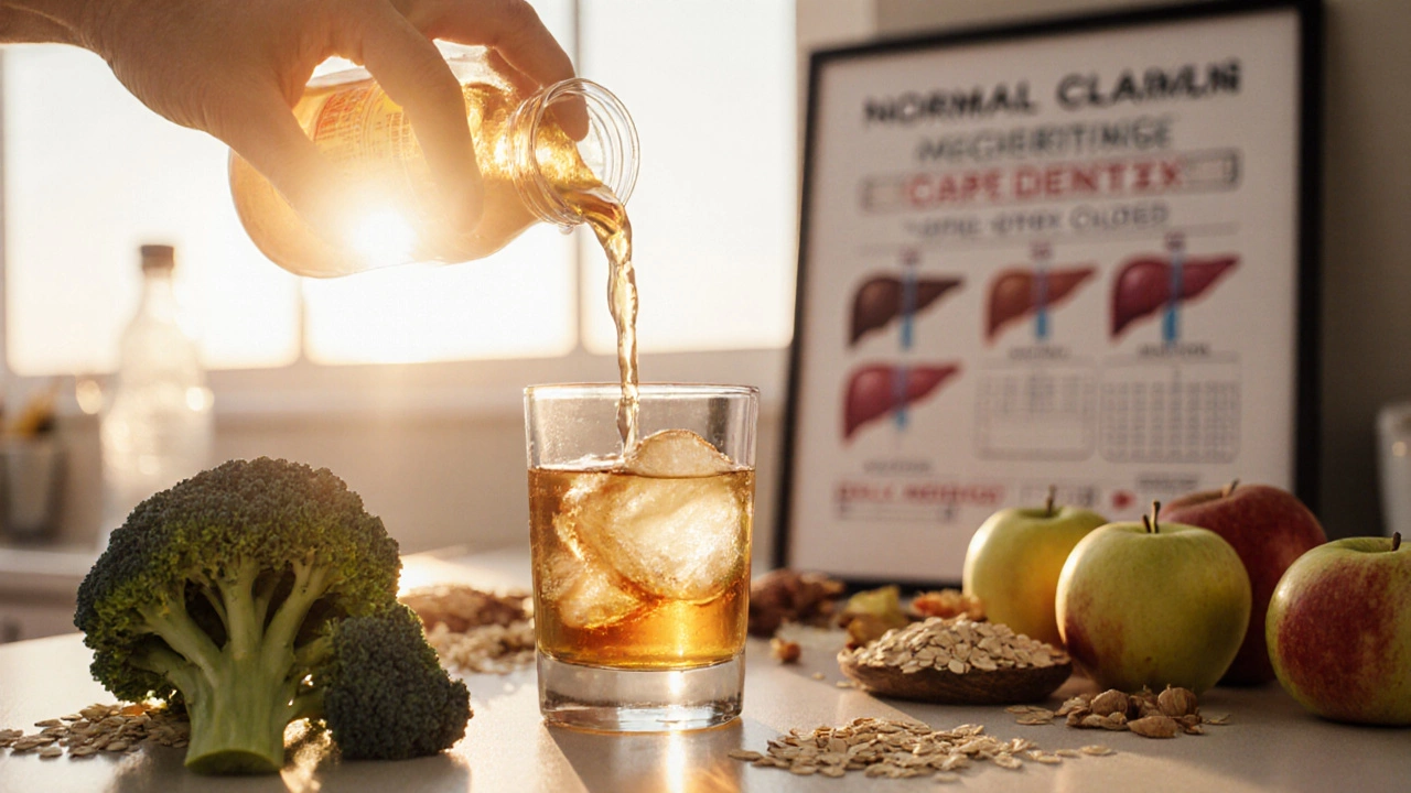 Person drinking diluted apple cider vinegar at sunrise, with healthy foods and a liver health chart in background.