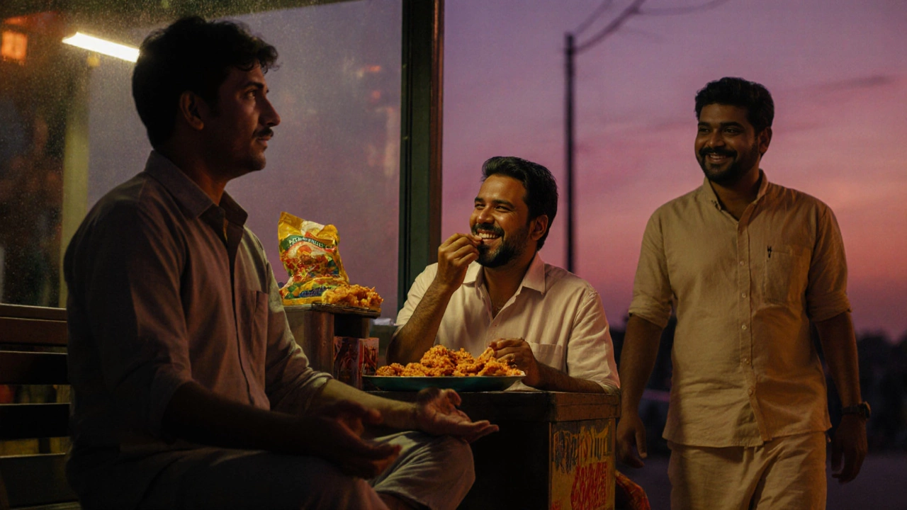Three people in India practicing balance — meditating, eating snacks, and walking at dusk.