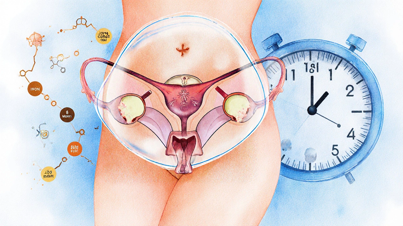Translucent illustration of a woman’s reproductive system healing over time with nutrient flow and a timeline.