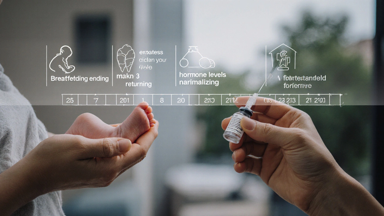 Two hands—one holding a baby’s foot, one holding an IVF syringe—separated by a timeline of postpartum recovery milestones.
