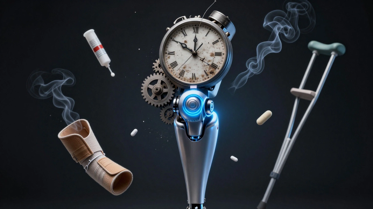A damaged knee joint as a broken clock, replaced by a glowing prosthetic, representing time regained.