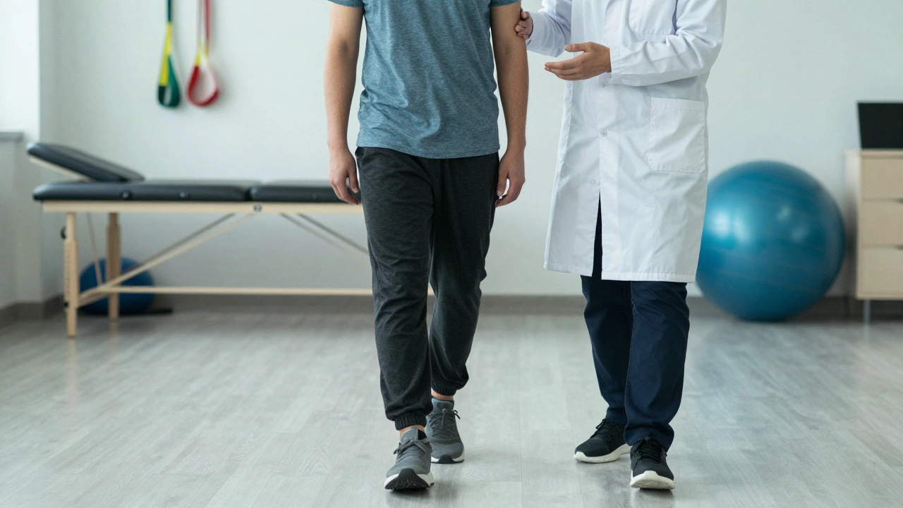 A doctor observes a patient’s walking gait to assess movement issues.