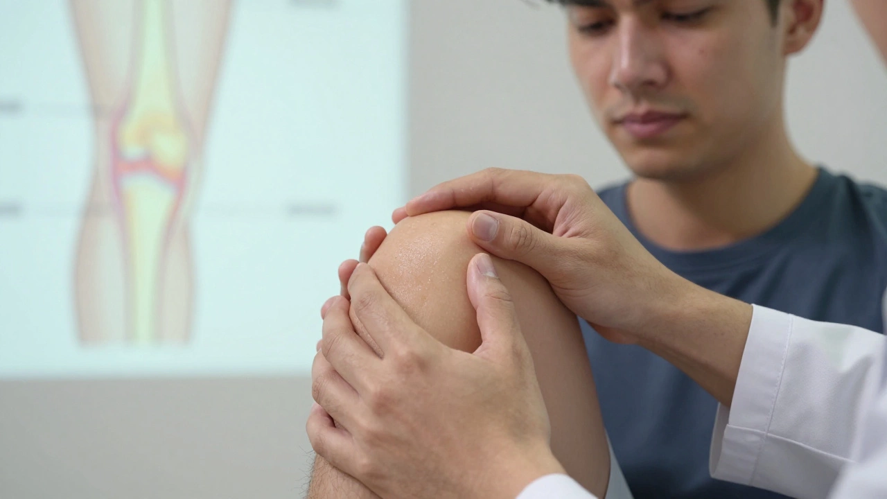 A doctor performs a knee examination using a standard physical test.