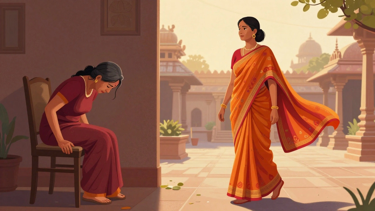 A woman transitioning from struggling to stand to walking freely in a temple courtyard, symbolizing recovery.