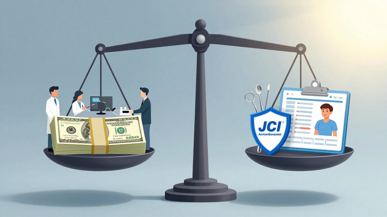 Balanced scale comparing safe accredited surgery versus risky low-cost clinic with shadowy figures