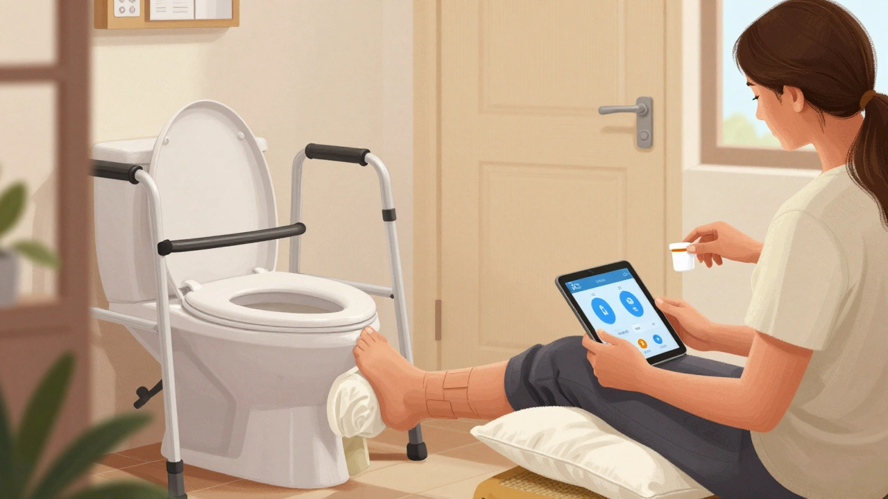 Home setup with raised toilet seat, shower chair, and walker for safe recovery after knee replacement.