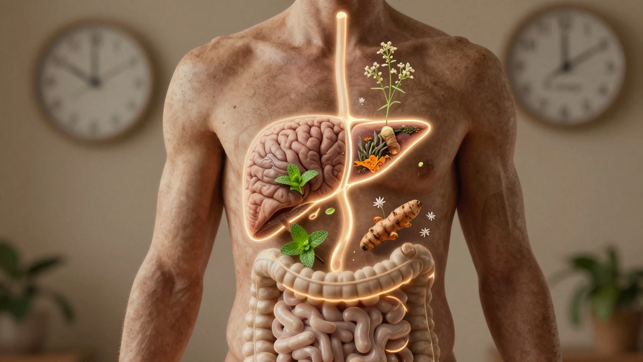 Human body with glowing herbal pathways spreading through organs over time.