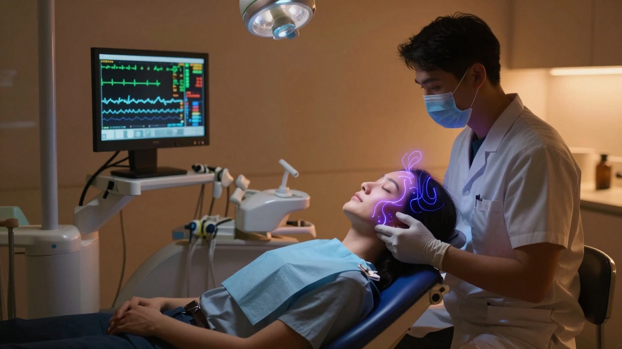 Patient in twilight sedation during implant surgery, surrounded by soft glowing light representing deep relaxation.