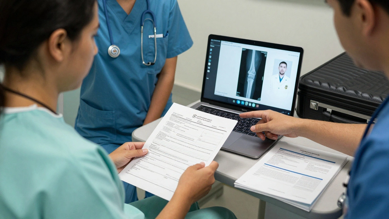 Patient reviewing medical records with surgeon while telehealth consultation is visible on laptop