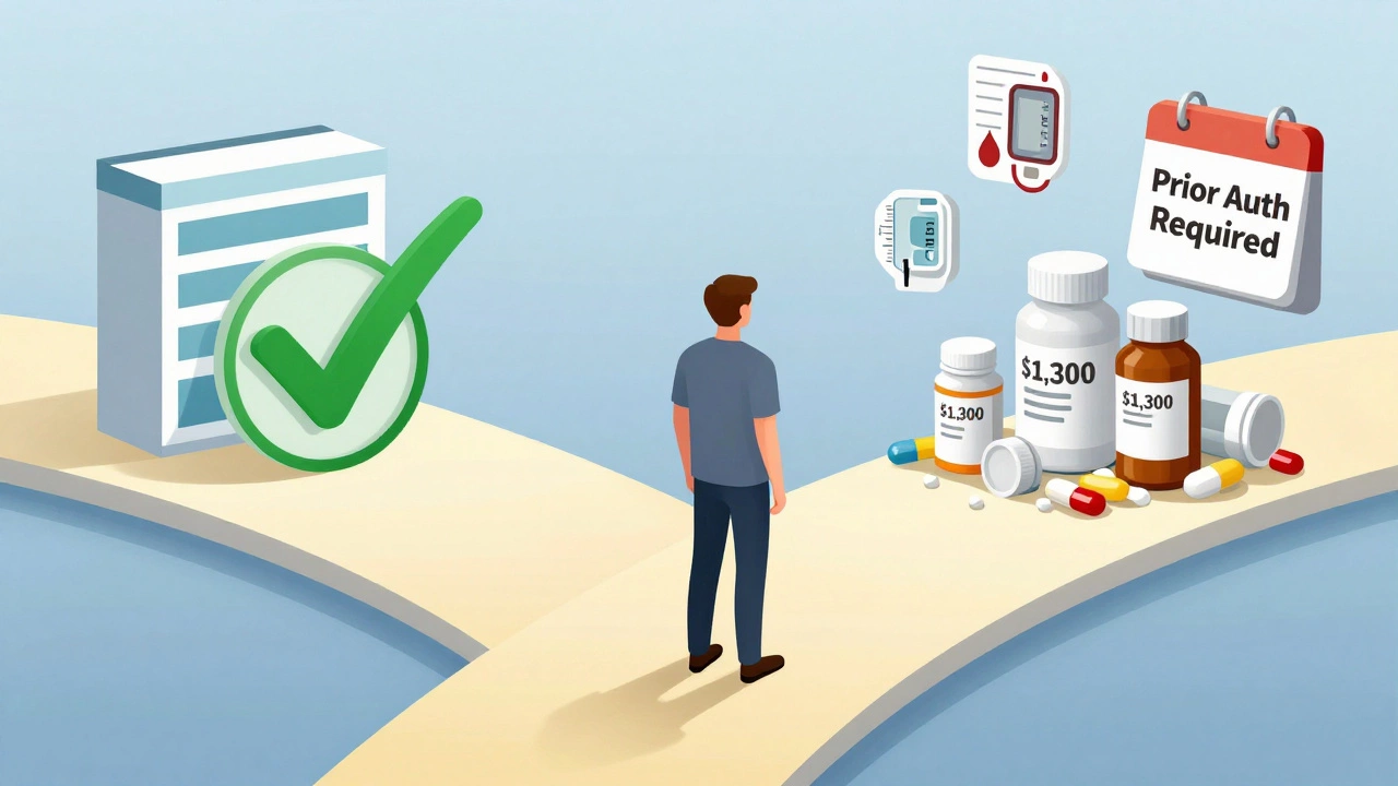 Person at crossroads choosing between affordable covered medication and expensive out-of-pocket options.