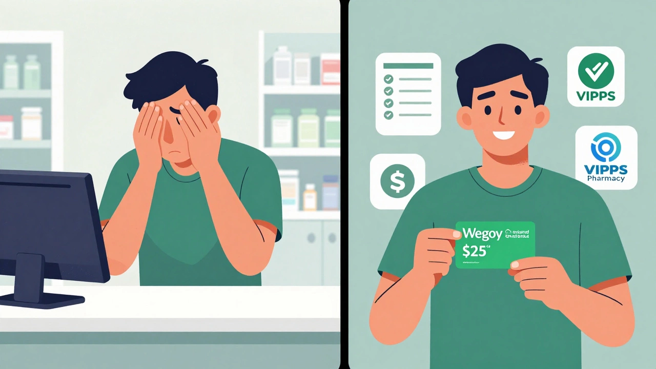 Split-screen showing high cost vs.  payment for Wegovy.
