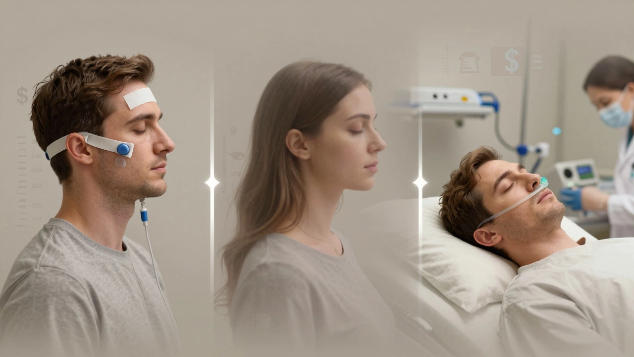 Three patient scenarios side by side: awake, sedated, and asleep during dental implant procedures with visual cost and risk indicators.