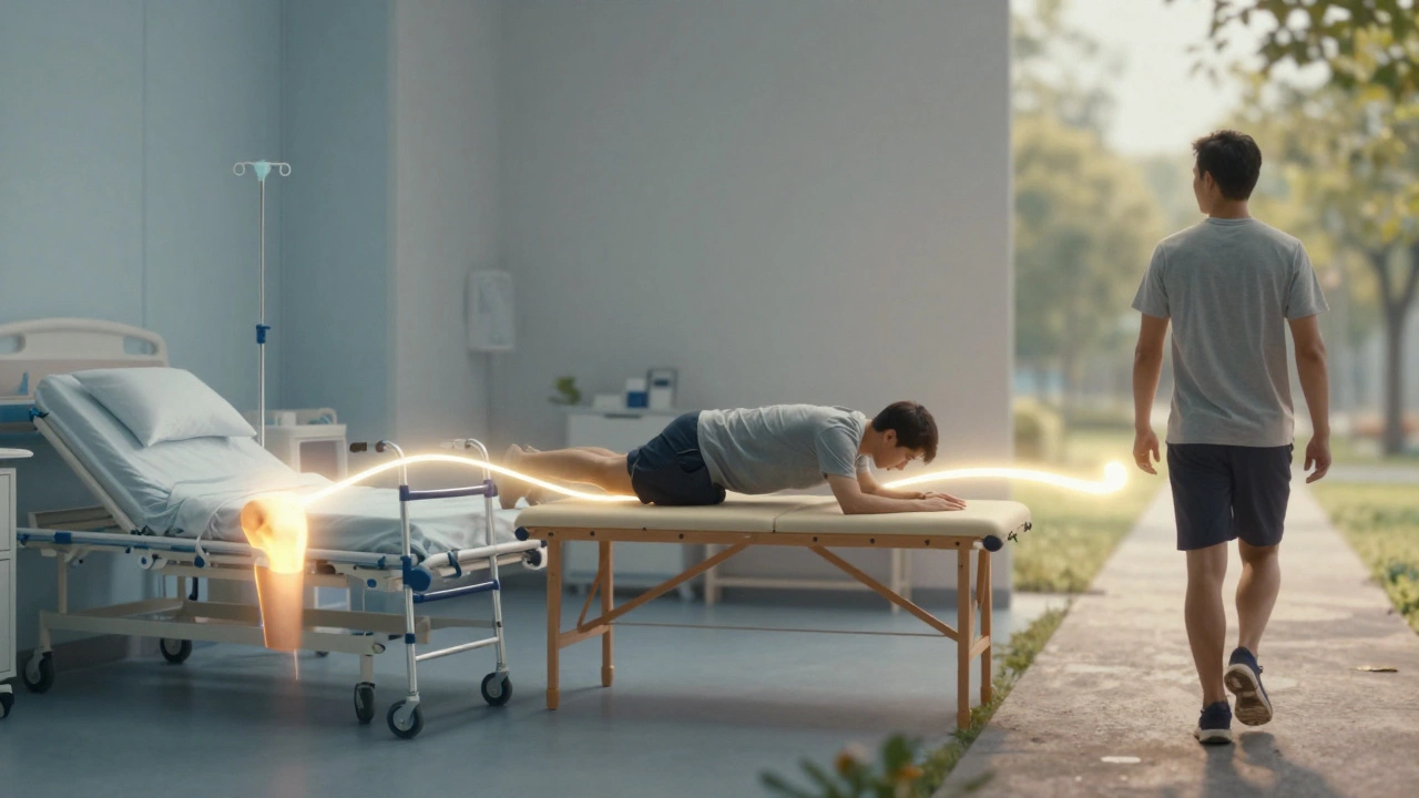 Timeline illustration showing progress from hospital to walking confidently after knee replacement.