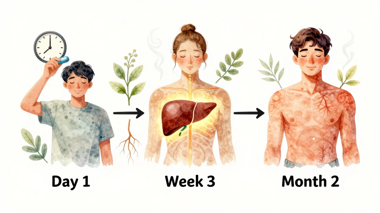 Watercolor timeline showing herbal effects from day one to month two.