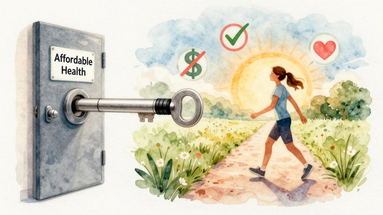 Wegovy pen key unlocking a door to affordable health and wellness.