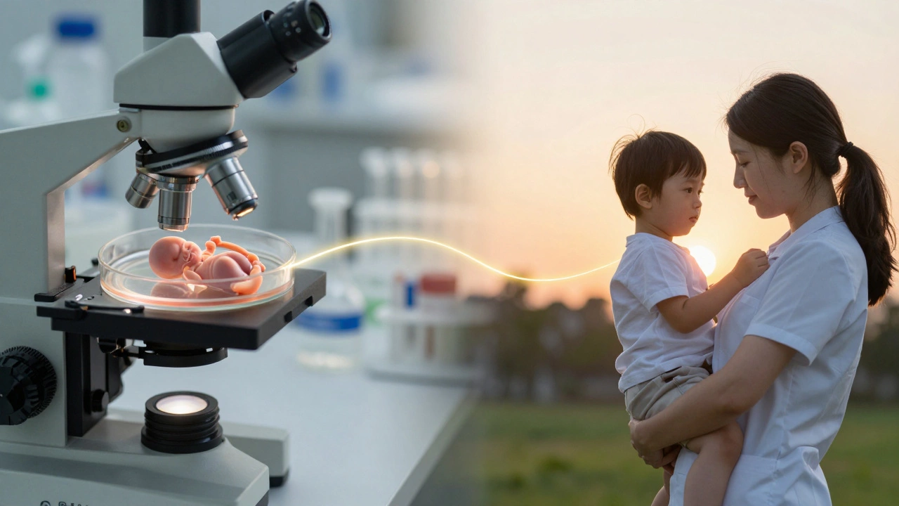 A conceptual split image showing an IVF embryo on one side and an adult holding a child at sunset on the other, connected by a golden light.