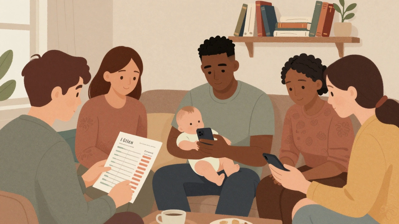 A group of young adults in a living room, one holding a baby, others looking at a fertility chart on a phone.