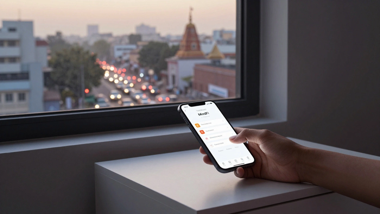 A hand reaching for a therapy app on a phone as morning light enters an Indian cityscape window.
