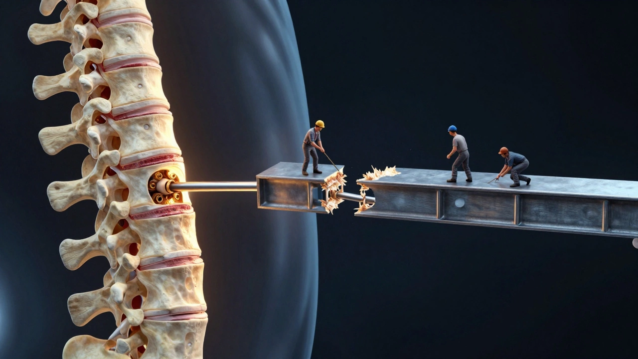 Anatomical illustration of a spine fusing like a bridge being built between bone ends.