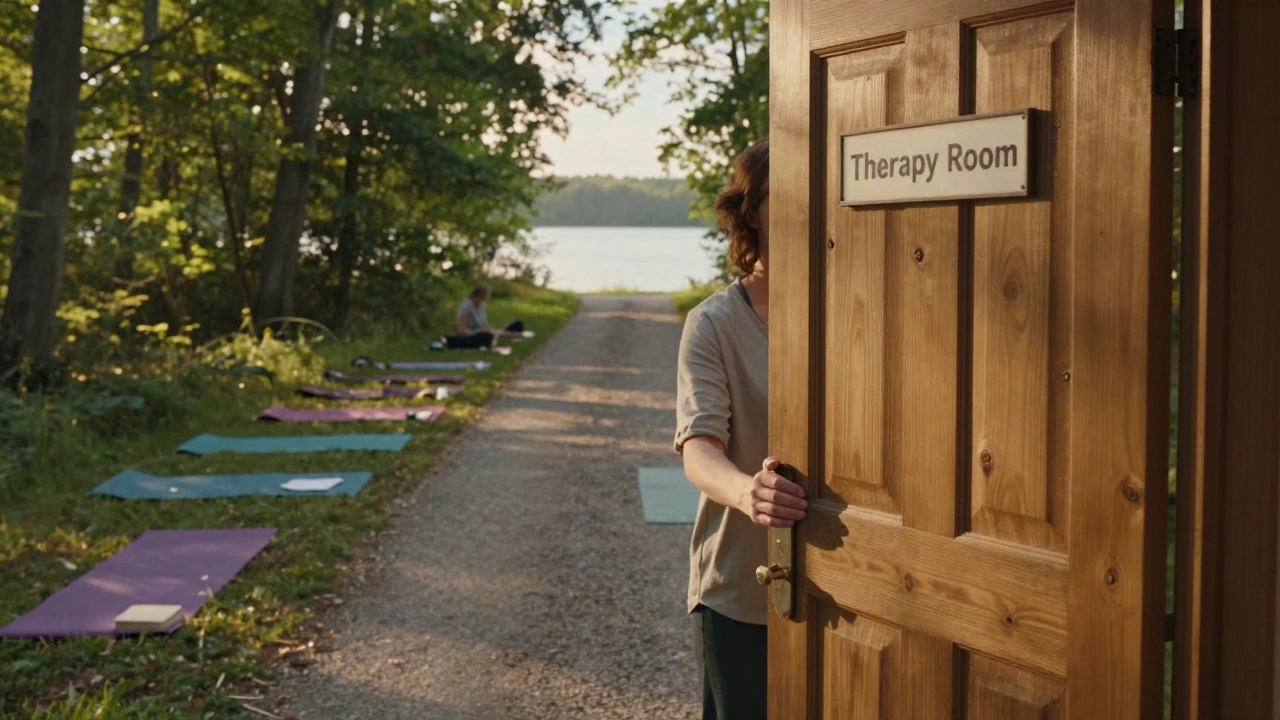 Person closing therapy room door, stepping onto forest path toward yoga, journaling, and community.