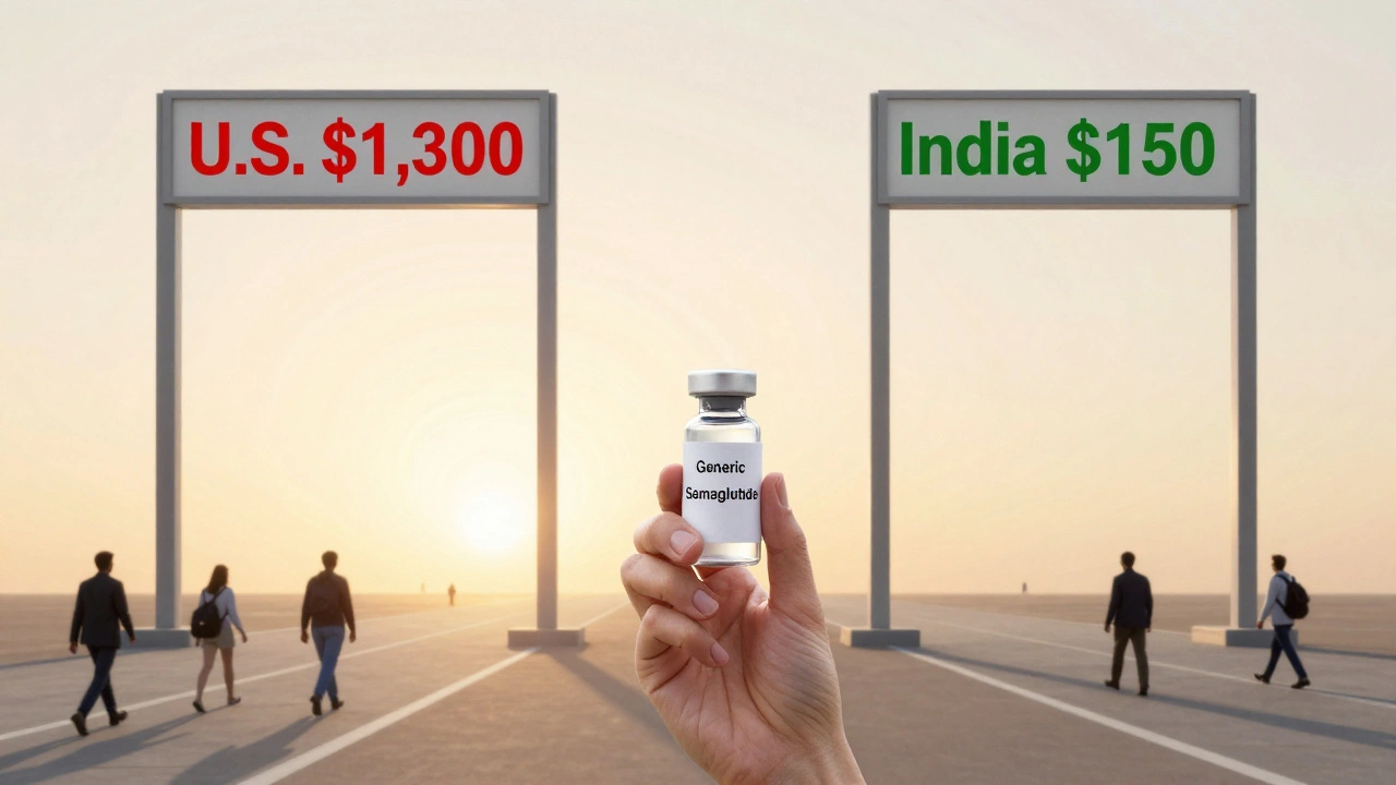 Person holding generic semaglutide between towering price barriers representing global cost disparity.