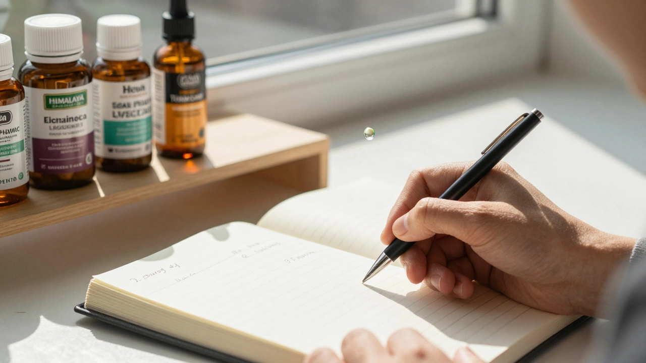 Person journaling about wellness with trusted herbal bottles in background, a single extract drop glowing in sunlight.