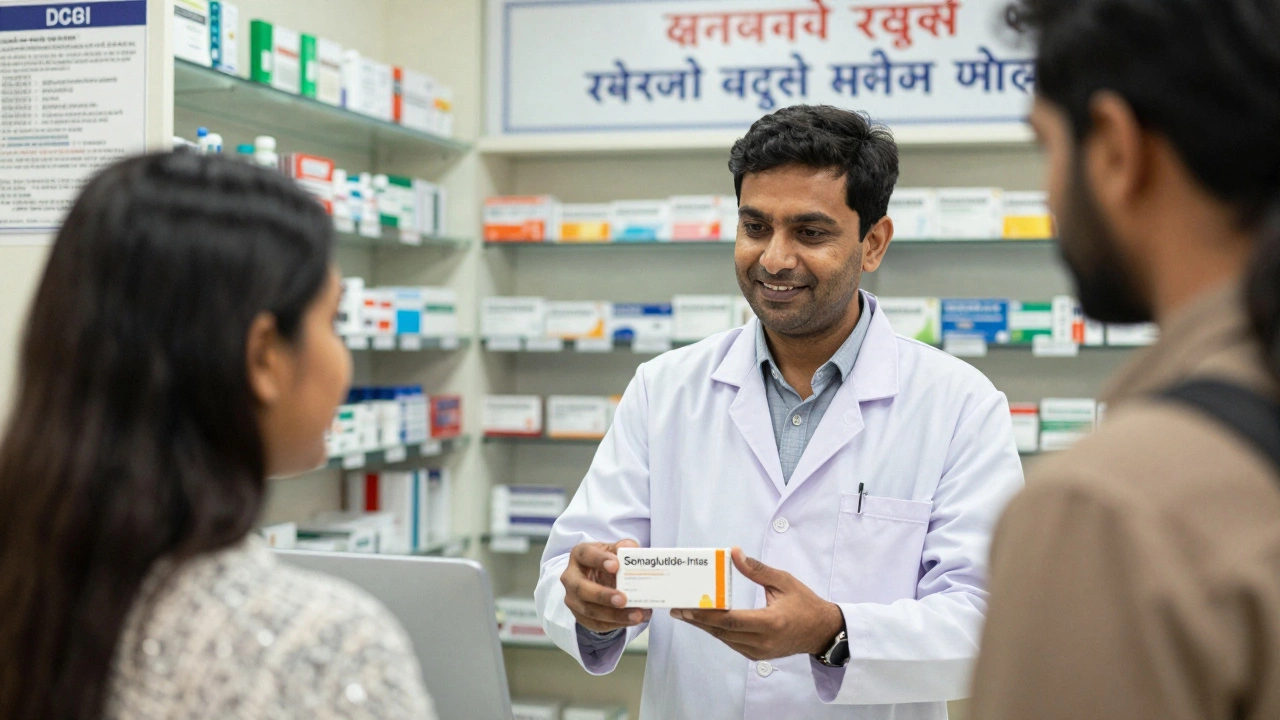Pharmacist in India handing generic semaglutide to a customer with certification visible.