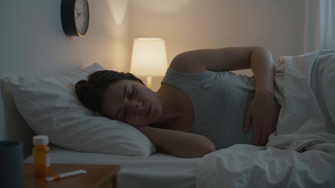 Someone lying in bed at night supported by pillows, facing chronic pain and sleepless hours.