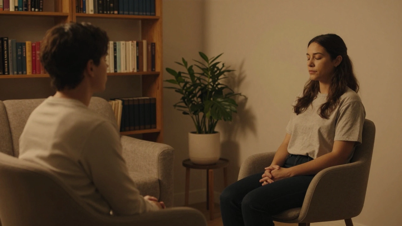 Two people sitting quietly in a calm therapy room, sharing a moment of silent understanding.