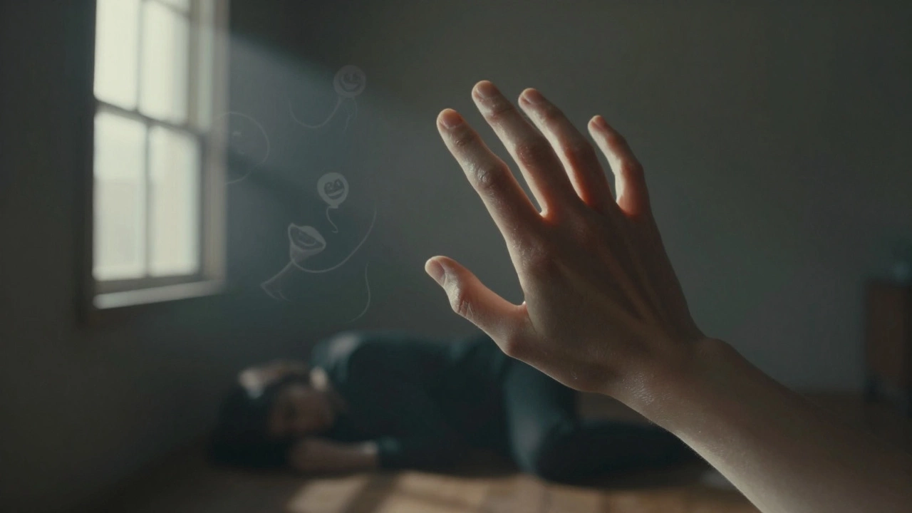 A fading hand reaching toward sunlight while a ghostly figure lies curled on the floor.