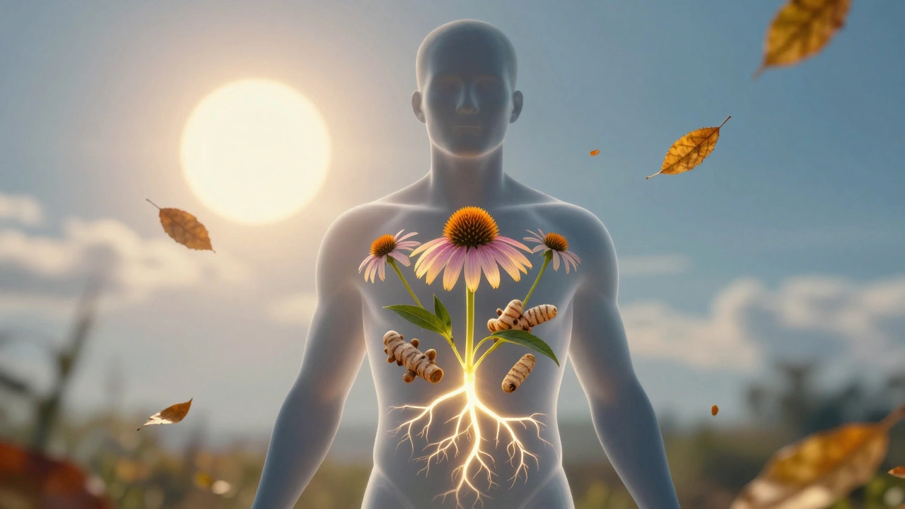 A human silhouette with glowing herbal roots inside the body, symbolizing natural health benefits.