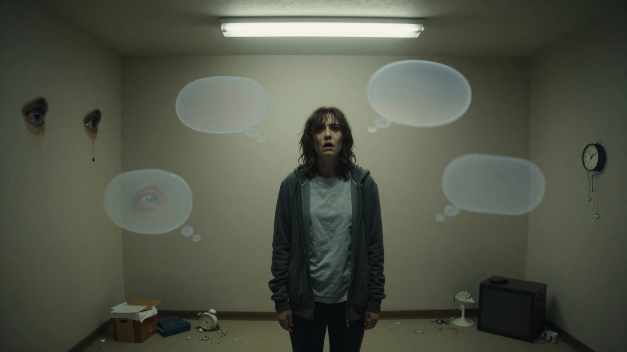 A person surrounded by surreal hallucinations and delusional imagery in a dim room.