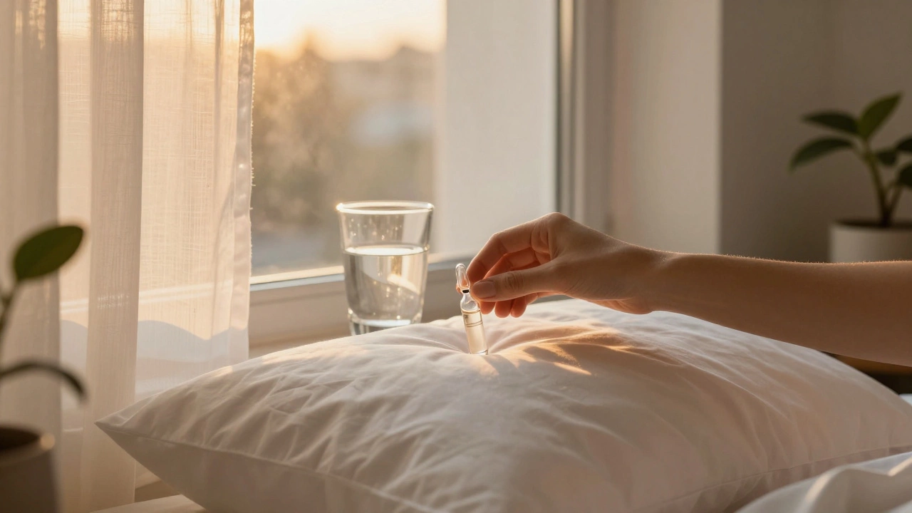 A retinol vial on a windowsill at dusk with sunlight, cotton pillowcase, and a plant nearby.