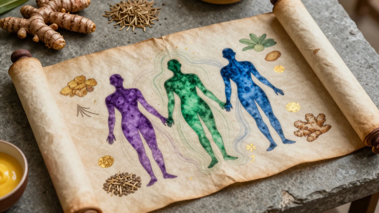 An ancient scroll illustrating the three doshas with traditional Ayurvedic ingredients.