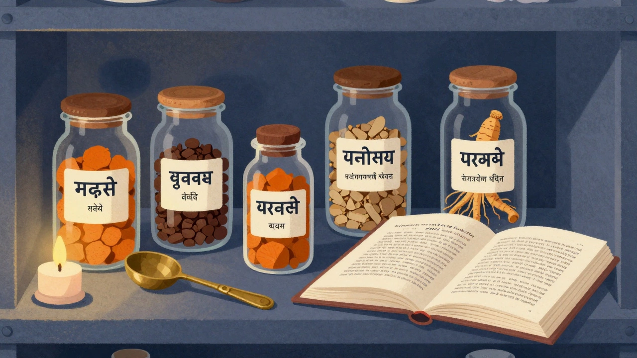 An Ayurvedic apothecary shelf with labeled jars of herbal extracts and an open study on cortisol reduction.