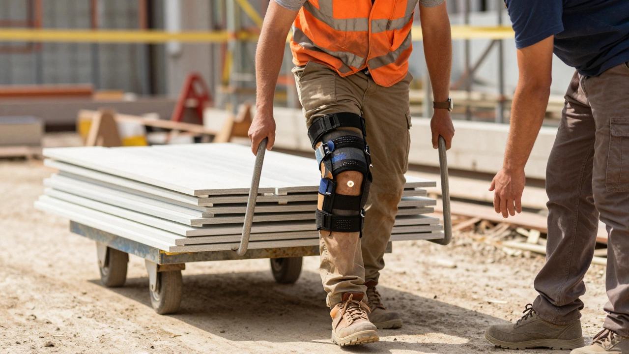 Construction worker using dolly with knee brace during recovery.