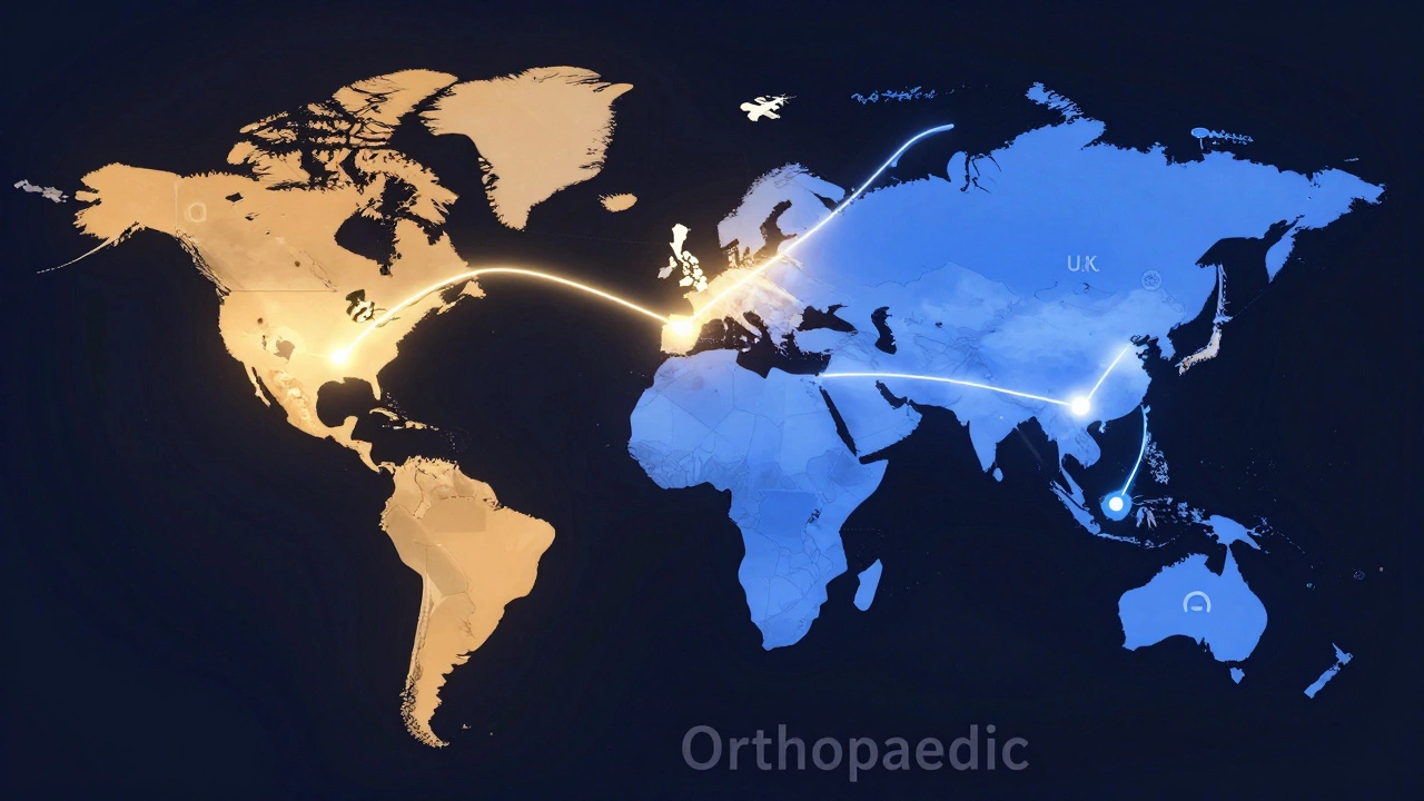 Global map highlighting countries using 'orthopedic' and 'orthopaedic' with glowing regional colors and medical icons.