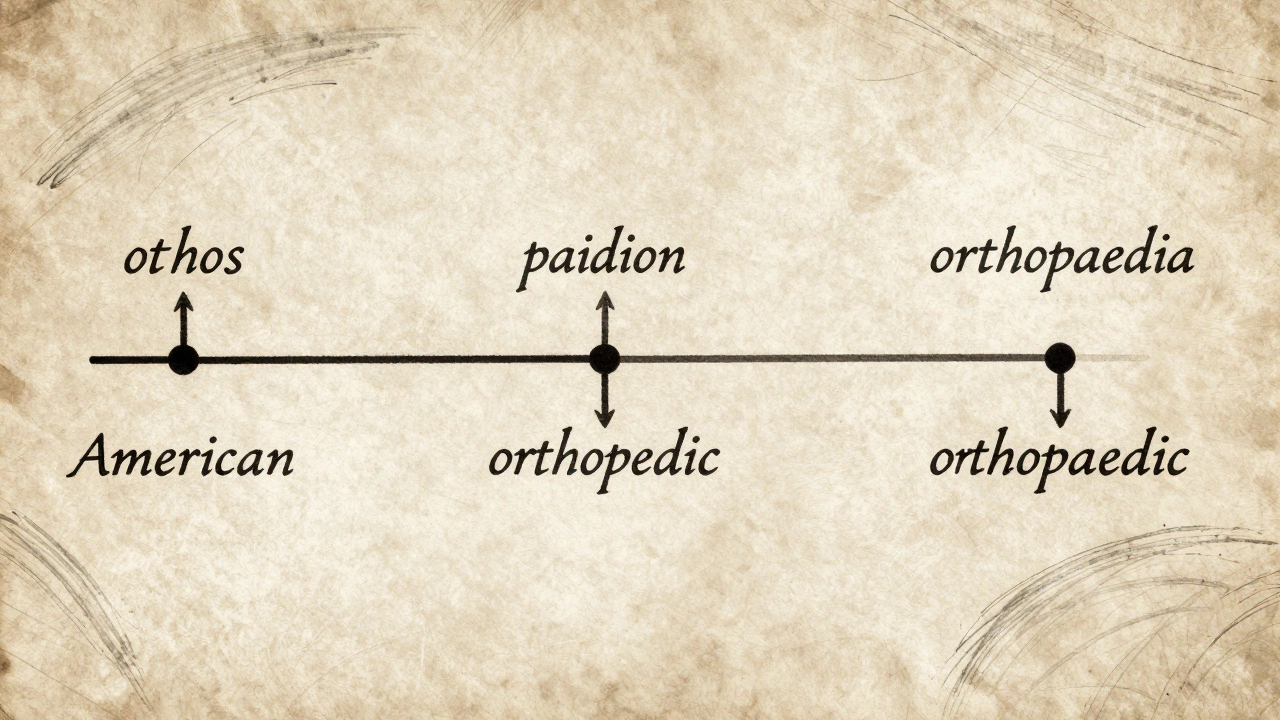 Historical timeline showing the origin of the word orthopedic/orthopaedic from Greek roots to modern spellings.