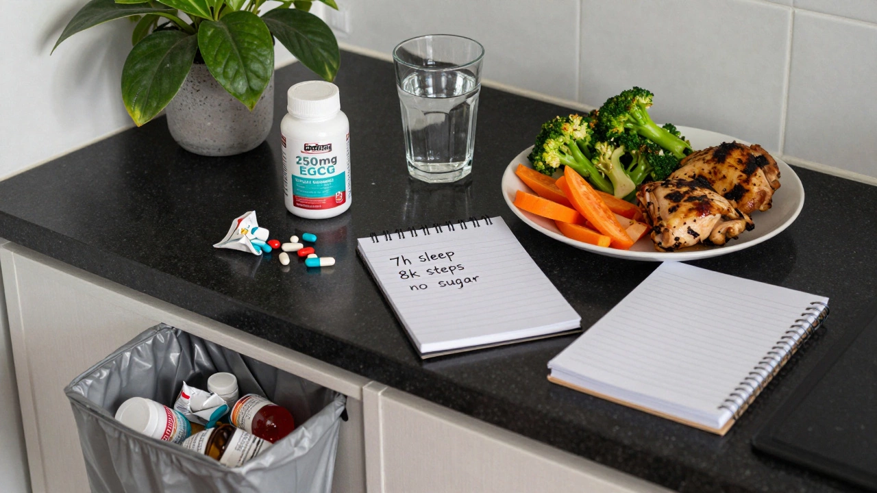 Kitchen counter with healthy food, water, habit notes, and one legitimate supplement beside discarded fake weight loss pills.