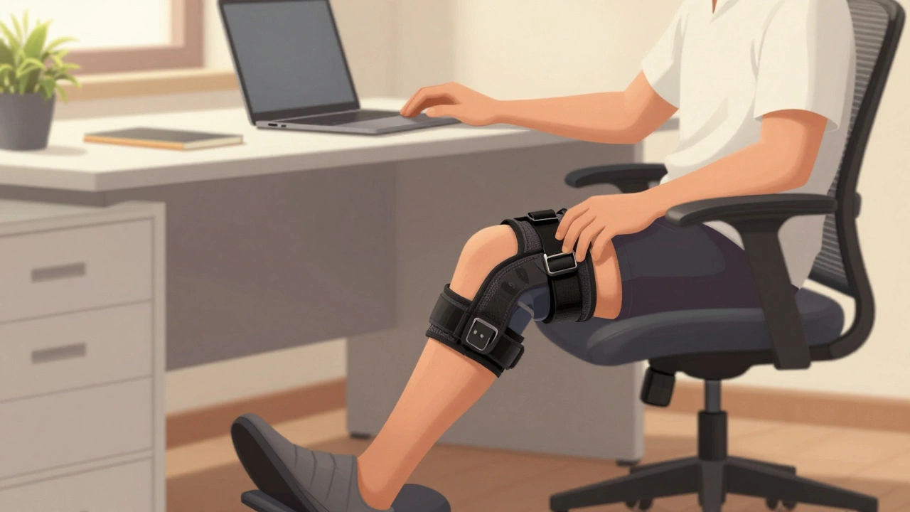 Office worker using ergonomic chair and footrest for knee recovery.