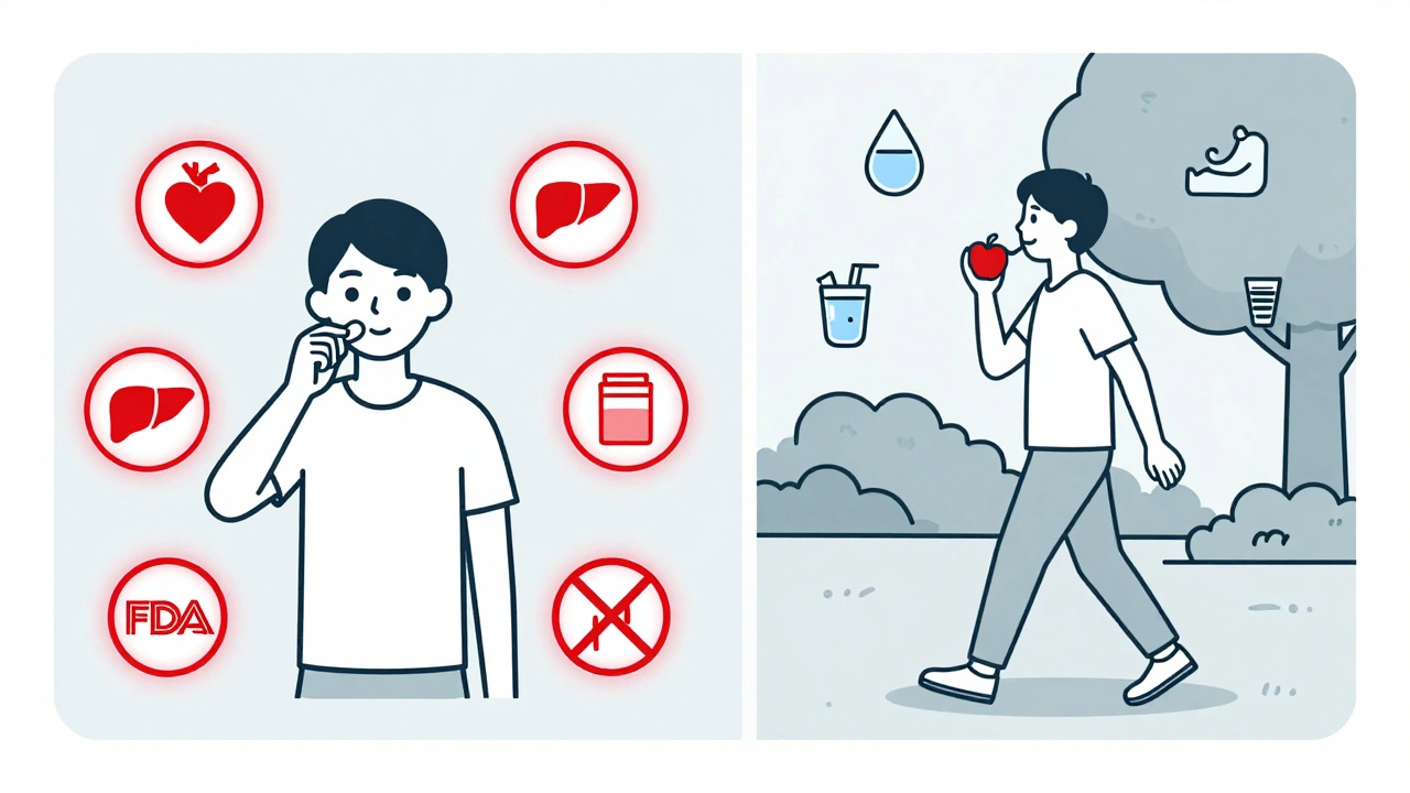 Split image: dangerous fake supplement on one side, healthy habits on the other, contrasting warning and wellness symbols.