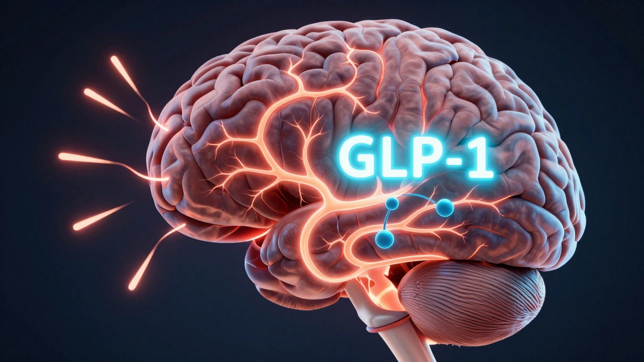 A brain with glowing pathways showing reduced hunger signals due to GLP-1 hormone action.