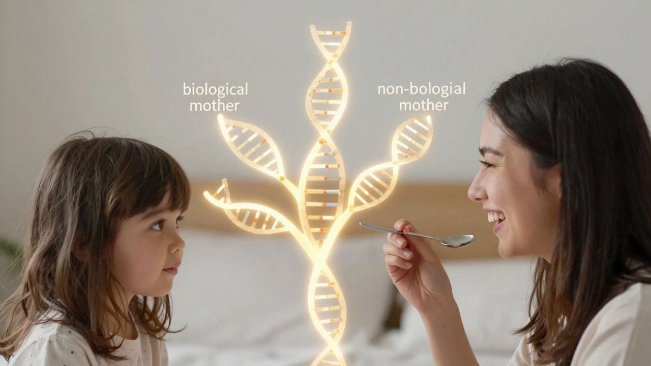 A conceptual family tree with glowing strands linking a child to both biological traits and shared emotional habits like laughter and gestures.