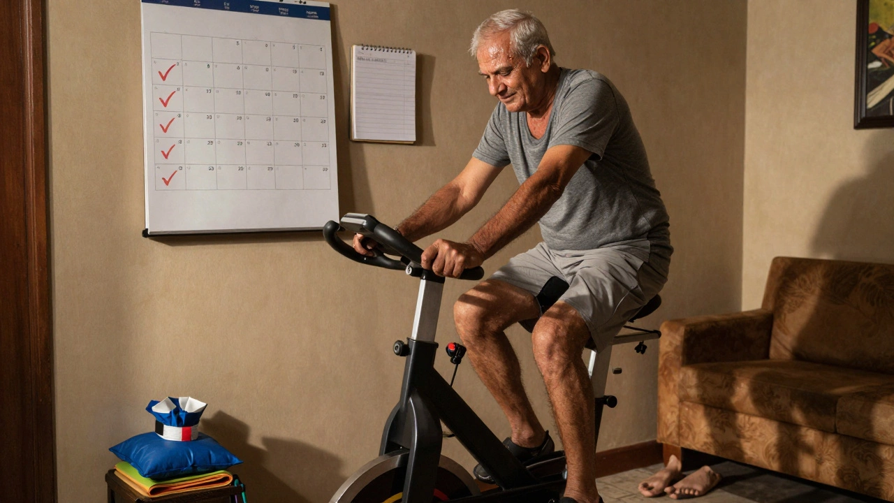 A man pedaling a stationary bike at home, tracking his recovery progress in a notebook.