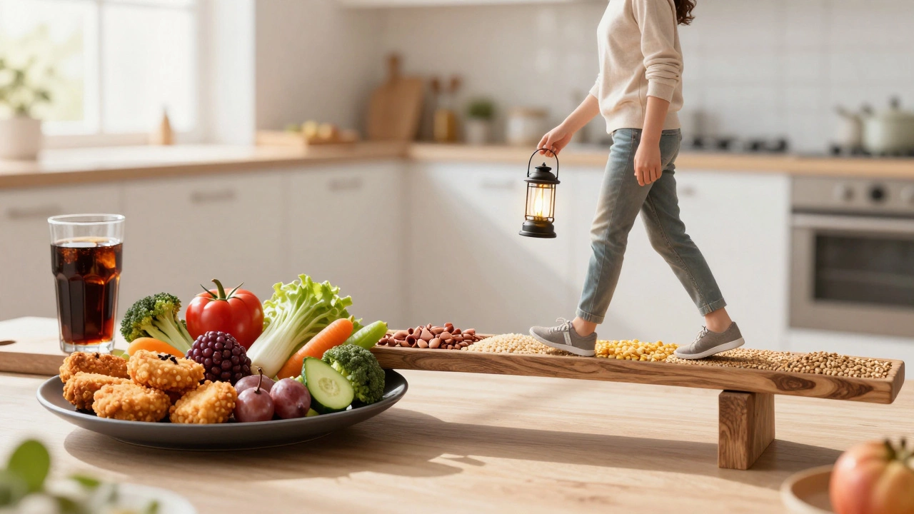 A person crossing a bridge of healthy foods from unhealthy eating toward a brighter lifestyle.