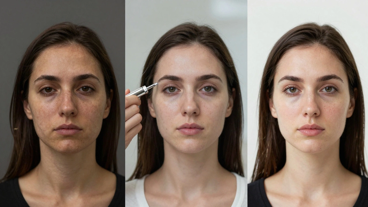 A timeline showing facial aging and transformation through non-surgical treatments over time.