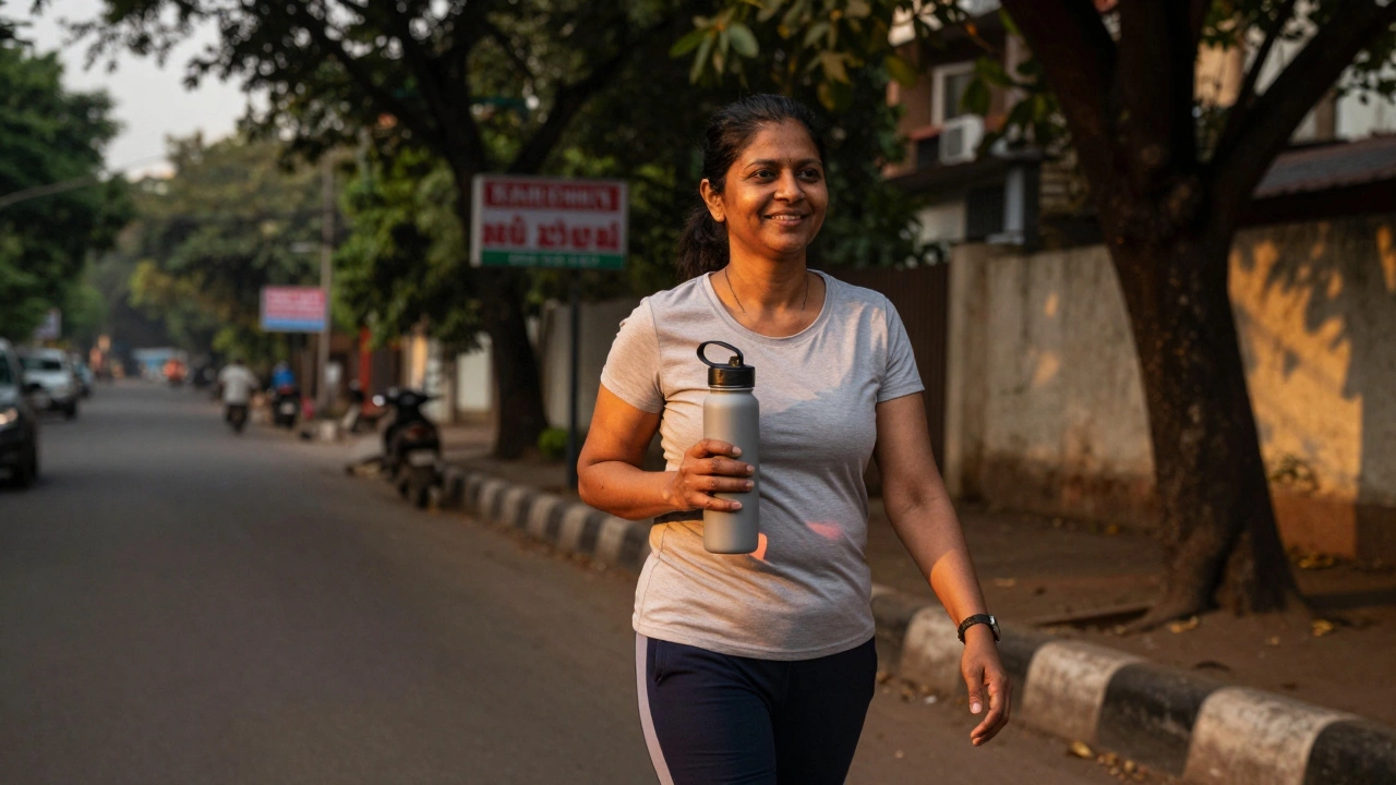 A woman walking at dusk, symbolizing lifestyle changes that support metformin's modest weight loss effects.